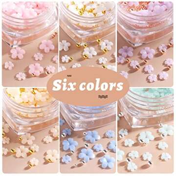 6 Box 3D Flower Nail Art Charms, Acrylic Flowers Nail Rhinestone with Gold & Silver Beads Ornaments Nail Gems Nail Accessories for Girls Women DIY Nail Design Craft Decoration