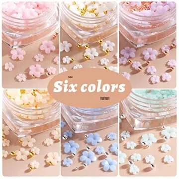 6 Box 3D Flower Nail Art Charms, Acrylic Flowers Nail Rhinestone with Gold & Silver Beads Ornaments Nail Gems Nail Accessories for Girls Women DIY Nail Design Craft Decoration