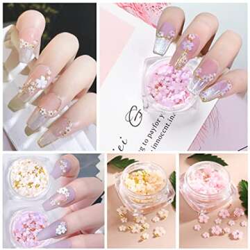 6 Box 3D Flower Nail Art Charms, Acrylic Flowers Nail Rhinestone with Gold & Silver Beads Ornaments Nail Gems Nail Accessories for Girls Women DIY Nail Design Craft Decoration