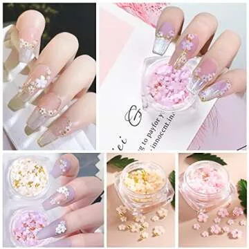 6 Box 3D Flower Nail Art Charms, Acrylic Flowers Nail Rhinestone with Gold & Silver Beads Ornaments Nail Gems Nail Accessories for Girls Women DIY Nail Design Craft Decoration
