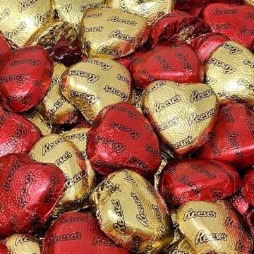 Reeces Valentines Day Milk Chocolate Peanut Butter Hearts Treats - 2 LB of Red & Gold Foil Wrapped D...