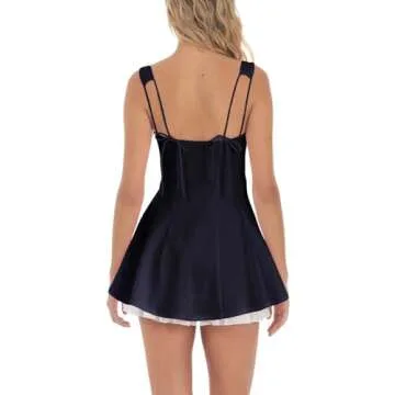 Women Y2k Lace Mini Dress Ruffle Hem Tie Back Short Dress Flowy A Line Bodycon Dress Party Clubwear(E Black,s)