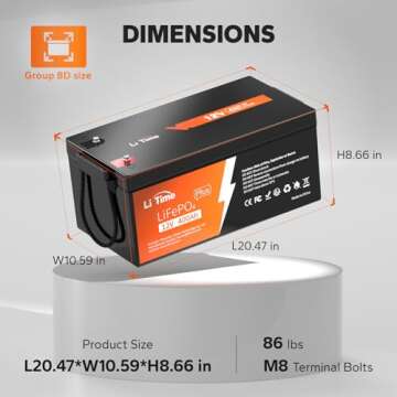 Litime 12V 400Ah LiFePO4 Lithium Battery 3200W Max. Load Power Group 8D Battery Built-in 250A BMS 5120Wh Usable Energy 4000-15000 Cycles & 10-Year Lifetime Perfect for RV Home Solar System Fishing
