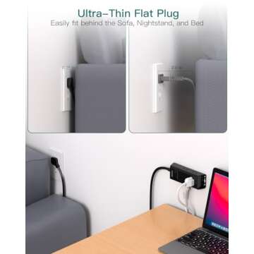 Flat Plug Power Strip, Addtam 5 ft Ultra Flat Extension Cord with 6 Outlets Extender, No Surge Protector for Cruise Ship, Travel, Dorm, Home Office, ETL Listed