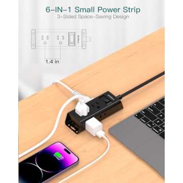 Flat Plug Power Strip, Addtam 5 ft Ultra Flat Extension Cord with 6 Outlets Extender, No Surge Protector for Cruise Ship, Travel, Dorm, Home Office, ETL Listed