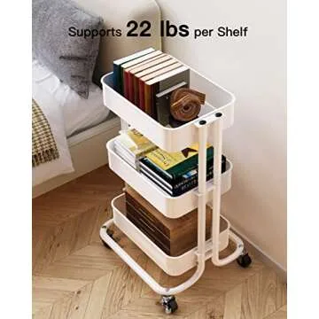 Pipishell 3 Tier Metal Rolling Utility Cart, Heavy-Duty Storage Rolling Cart with 2 Lockable Wheels, Multifunctional Mesh Organization Utility Cart for Kitchen Dining Room Living Room (White)