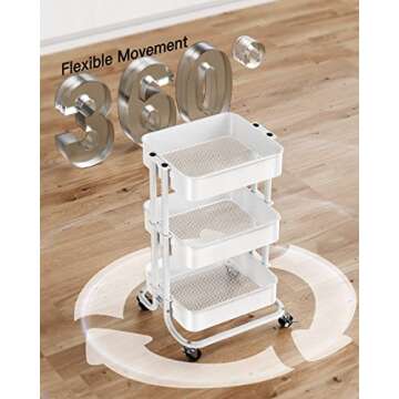 Pipishell 3 Tier Metal Rolling Utility Cart, Heavy-Duty Storage Rolling Cart with 2 Lockable Wheels, Multifunctional Mesh Organization Utility Cart for Kitchen Dining Room Living Room (White)