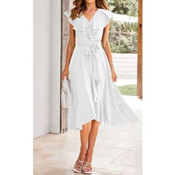 PRETTYGARDEN Tie Holiday Dresses for Women 2024 - Plain Summer Dress Wrap V Neck Short Sleeve Belted Ruffle A-Line Midi Dresses (White,XX-Large)