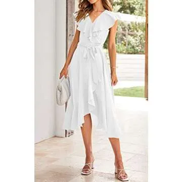 PRETTYGARDEN Tie Holiday Dresses for Women 2024 - Plain Summer Dress Wrap V Neck Short Sleeve Belted Ruffle A-Line Midi Dresses (White,XX-Large)