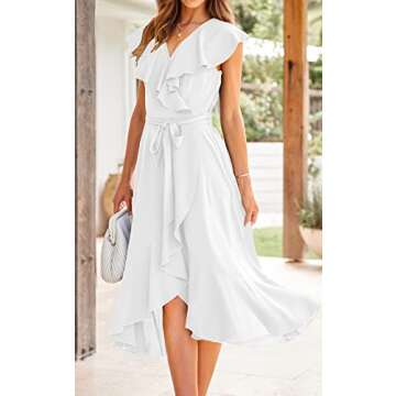PRETTYGARDEN Tie Holiday Dresses for Women 2024 - Plain Summer Dress Wrap V Neck Short Sleeve Belted Ruffle A-Line Midi Dresses (White,XX-Large)