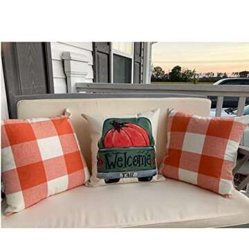 VAKADO Fall Outdoor Decor Throw Pillow Covers Orange Buffalo Plaid Thanksgiving Front Porch Farmhouse Rustic Cushion Autumn Home Decorations for Couch Sofa Living Room 18x18 Set of 2