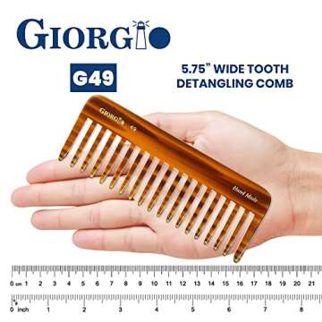 Giorgio G49 Large 5.75 Inch Hair Detangling Comb, Wide Teeth for Thick Curly Wavy Hair. Long Hair Detangler Comb For Wet and Dry. Handmade of Quality Cellulose, Saw-Cut, Hand Polished, Tortoise Shell