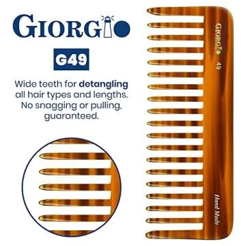 Giorgio G49 Large 5.75 Inch Hair Detangling Comb, Wide Teeth for Thick Curly Wavy Hair. Long Hair Detangler Comb For Wet and Dry. Handmade of Quality Cellulose, Saw-Cut, Hand Polished, Tortoise Shell