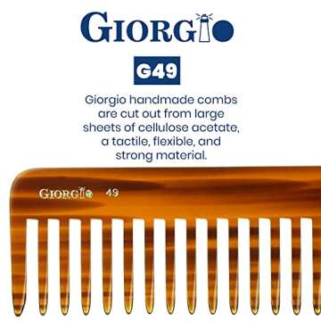 Giorgio G49 Large 5.75 Inch Hair Detangling Comb, Wide Teeth for Thick Curly Wavy Hair. Long Hair Detangler Comb For Wet and Dry. Handmade of Quality Cellulose, Saw-Cut, Hand Polished, Tortoise Shell