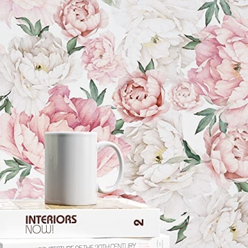 UniGoos Watercolor Floral Wallpaper Peel and Stick Self-Adhesive Removable Vintage Peony Wall Paper Roll Pink Flower Vinyl Decorative Contact Paper for Cabinet Living Room DIY Decor 17.7" x 118"