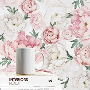 UniGoos Watercolor Floral Wallpaper Peel and Stick Self-Adhesive Removable Vintage Peony Wall Paper Roll Pink Flower Vinyl Decorative Contact Paper for Cabinet Living Room DIY Decor 17.7" x 118"