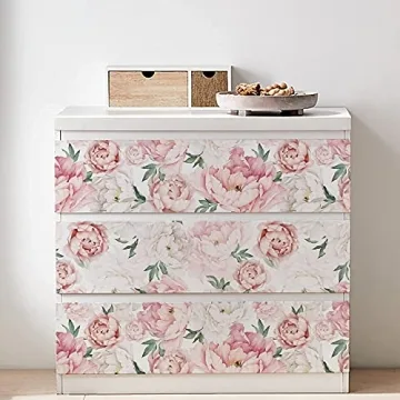 UniGoos Watercolor Floral Wallpaper Peel and Stick Self-Adhesive Removable Vintage Peony Wall Paper Roll Pink Flower Vinyl Decorative Contact Paper for Cabinet Living Room DIY Decor 17.7" x 118"