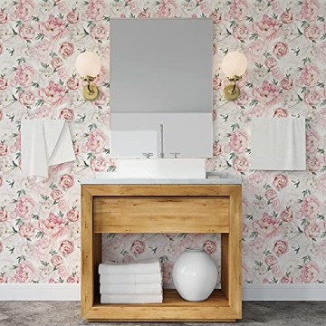 UniGoos Watercolor Floral Wallpaper Peel and Stick Self-Adhesive Removable Vintage Peony Wall Paper Roll Pink Flower Vinyl Decorative Contact Paper for Cabinet Living Room DIY Decor 17.7" x 118"