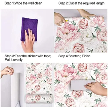 UniGoos Watercolor Floral Wallpaper Peel and Stick Self-Adhesive Removable Vintage Peony Wall Paper Roll Pink Flower Vinyl Decorative Contact Paper for Cabinet Living Room DIY Decor 17.7" x 118"