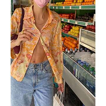 Women Long Sleeve Crop Top Shirt Vintage Floral Print Y2K Cardigan Collared Button Down T Shirt Blouse E Girl Streetwear (Orange, L)
