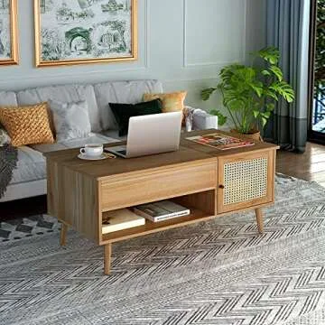 FOKWE Lift Top Coffee Table with Hidden Compartment, Big Storage Space & Adjustable Storage Shelf Lift Tabletop Dining Table for Home Living Room, Office (Walnut), 17.72D x 39.37W x 17.72H in