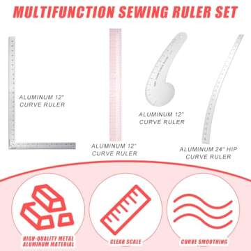 Xuhal 4 Pcs Fashion Sewing Ruler with French Curves Aluminum Designers Ruler Kit Includes Curve Rule...