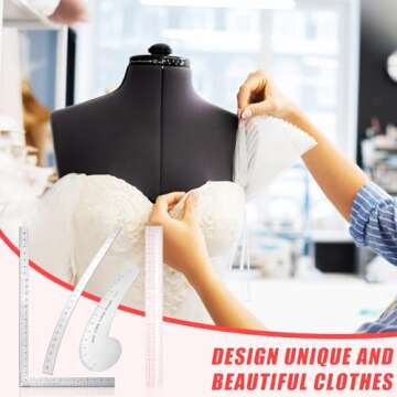 Xuhal 4 Pcs Fashion Sewing Ruler with French Curves Aluminum Designers Ruler Kit Includes Curve Ruler, Hip Curve Ruler, L Square Curve Ruler and Plastic Grading Ruler for Design Crafts Sewing