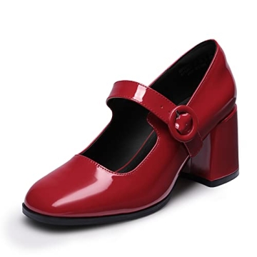 DREAM PAIRS Women's Chunky Heel Mary Jane Pumps - Stylish & Comfortable Bright Red Heels