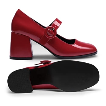 DREAM PAIRS Women's Chunky Heel Mary Jane Pumps Bright Red