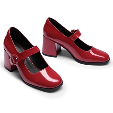 DREAM PAIRS Women's Chunky Heel Mary Jane Pumps Bright Red