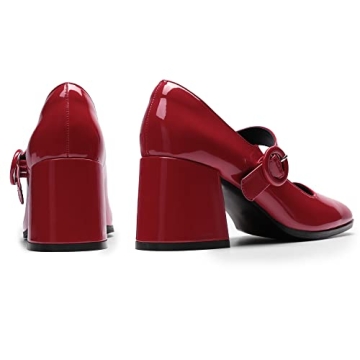 DREAM PAIRS Women's Chunky Heel Mary Jane Pumps Bright Red