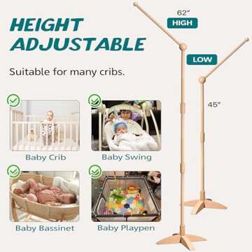 LVGOATH 360° Adjustable Wooden Floor-Standing Crib Mobile Arm with Arched Anti-tilt Base 62 Inches ...