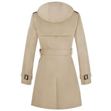 FASRYKOC Women's Windproof Double-Breasted Trench Coat Knee-Length Trench Jacket Water-Repellent Raincoat with Removable Hood & Belt Large Khaki