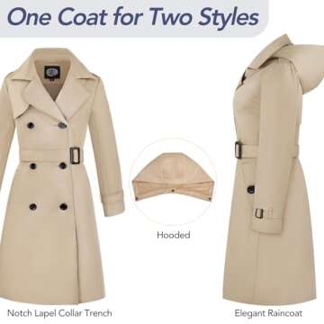 FASRYKOC Women's Windproof Double-Breasted Trench Coat Knee-Length Trench Jacket Water-Repellent Raincoat with Removable Hood & Belt Large Khaki