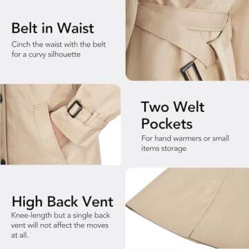 FASRYKOC Women's Windproof Double-Breasted Trench Coat Knee-Length Trench Jacket Water-Repellent Raincoat with Removable Hood & Belt Large Khaki