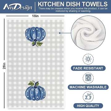 AnyDesign Fall Kitchen Dish Towel 18 x 28 Inch Blue Pumpkins Autumn Dishcloth Grey Plaid Farmhouse D...