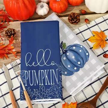 AnyDesign Fall Kitchen Dish Towel 18 x 28 Inch Blue Pumpkins Autumn Dishcloth Grey Plaid Farmhouse Decorative Hand Drying Tea Towel for Thanksgiving Holiday Kitchen Cooking Baking Cleaning, 2Pcs