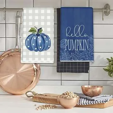 AnyDesign Fall Kitchen Dish Towel 18 x 28 Inch Blue Pumpkins Autumn Dishcloth Grey Plaid Farmhouse Decorative Hand Drying Tea Towel for Thanksgiving Holiday Kitchen Cooking Baking Cleaning, 2Pcs