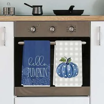 AnyDesign Fall Kitchen Dish Towel 18 x 28 Inch Blue Pumpkins Autumn Dishcloth Grey Plaid Farmhouse Decorative Hand Drying Tea Towel for Thanksgiving Holiday Kitchen Cooking Baking Cleaning, 2Pcs