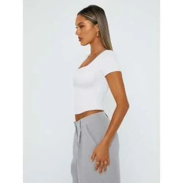 Trendy Queen Tshirts Shirts for Women Double Lined Going Out Crop Tops 2025 Spring Summer Workout Y2k Clothes Beach Fashion White L