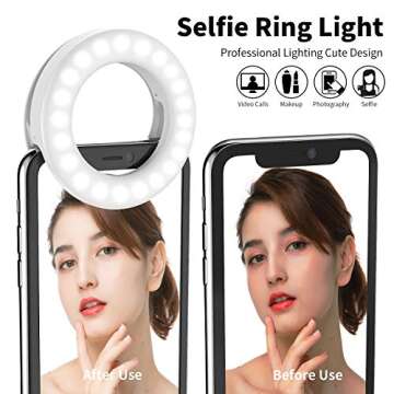 Meifigno Selfie Ring Light [3 Light Modes] [Rechargeable], Clip on Phone Camera LED Light, Adjustable Brightness Selfie Circle Light Designed for iPhone 15 14 13 12 11 8 Plus Pro Max Android iPad Lapt