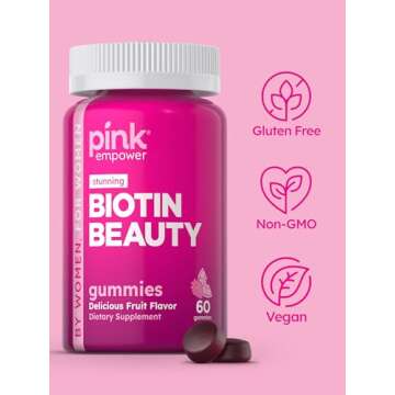 PINK Biotin Gummies | 60 Count | Non-GMO & Gluten Free | Fruit Flavor Vitamin for Hair Skin and Nails