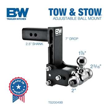 B&W Trailer Hitches Tow & Stow Adjustable Trailer Hitch Ball Mount - Fits 2.5" Receiver, Tri-Ball (1...