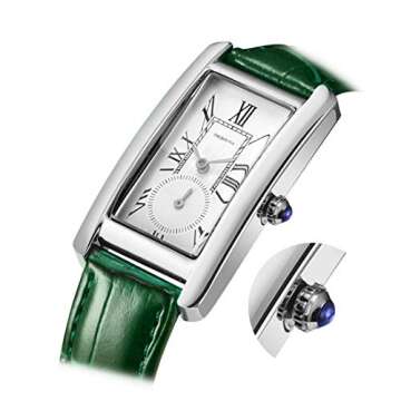 carlien Women Quartz Watch Lady Stylish Rectangle Dress Watch with Leather Strap and Sapphire Crown (Silver Green)
