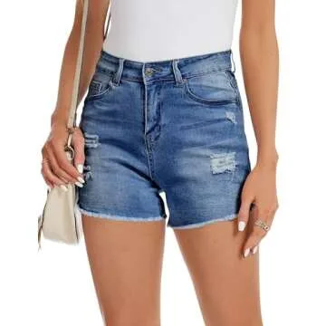 QACOHU Cut Off Denim Shorts for Women Frayed Distressed Jean Short Cute Mid Rise Ripped Hot Shorts C...
