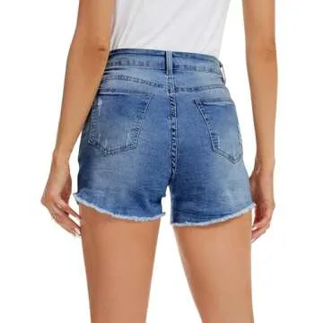 QACOHU Cut Off Denim Shorts for Women Frayed Distressed Jean Short Cute Mid Rise Ripped Hot Shorts Comfy Stretchy MBlue M