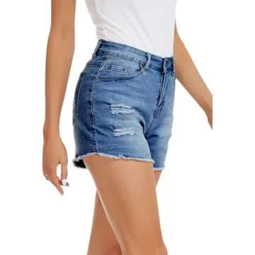 QACOHU Cut Off Denim Shorts for Women Frayed Distressed Jean Short Cute Mid Rise Ripped Hot Shorts Comfy Stretchy MBlue M