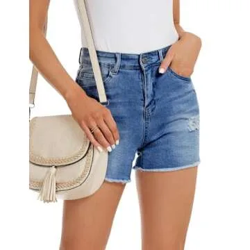 QACOHU Cut Off Denim Shorts for Women Frayed Distressed Jean Short Cute Mid Rise Ripped Hot Shorts Comfy Stretchy MBlue M