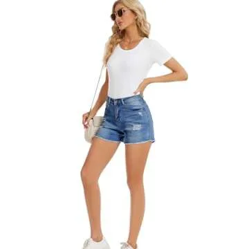 QACOHU Cut Off Denim Shorts for Women Frayed Distressed Jean Short Cute Mid Rise Ripped Hot Shorts Comfy Stretchy MBlue M