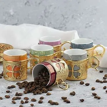 Turkish Greek Arabic Coffee Espresso Cups Set of 6 Saucers Porcelain Ceramic Mini Mug Vintage for Maker Pot Cezve Chinese Demitasse Decorative Floral Blooming Party Kitchen Women Gift English